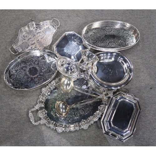 269B - A collection of EPNS including a large twin-handled serving tray, other trays, footed dishes etc