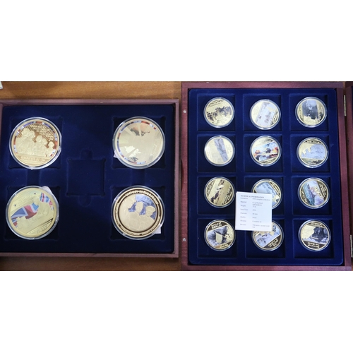 272 - COMMEMORATIVE ISSUE COINS various boxes of gold plated and silver plated coins commemorating histori... 