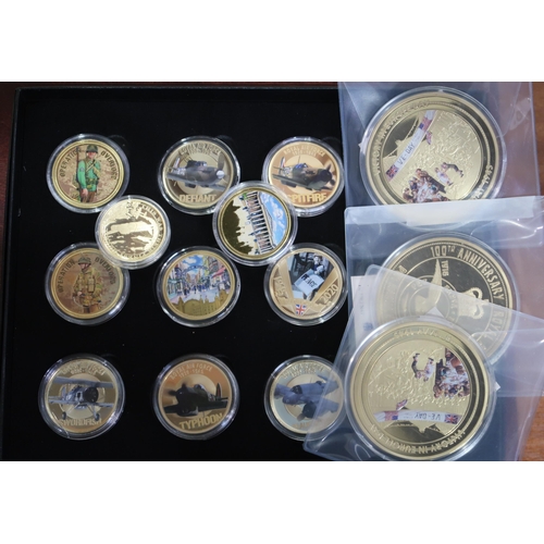 272 - COMMEMORATIVE ISSUE COINS various boxes of gold plated and silver plated coins commemorating histori... 