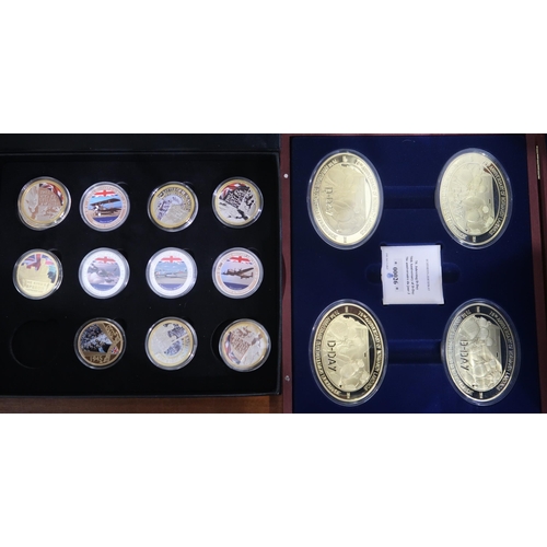 272 - COMMEMORATIVE ISSUE COINS various boxes of gold plated and silver plated coins commemorating histori... 