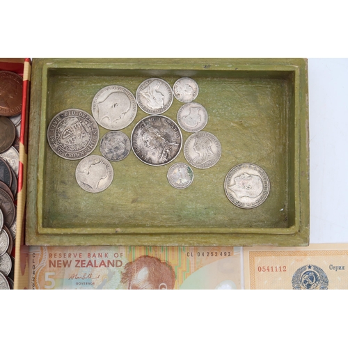 274 - COINS and BANKNOTES with Victoria 1887 half crown,   Victoria 1897 half crown, Soviet CCCP... 