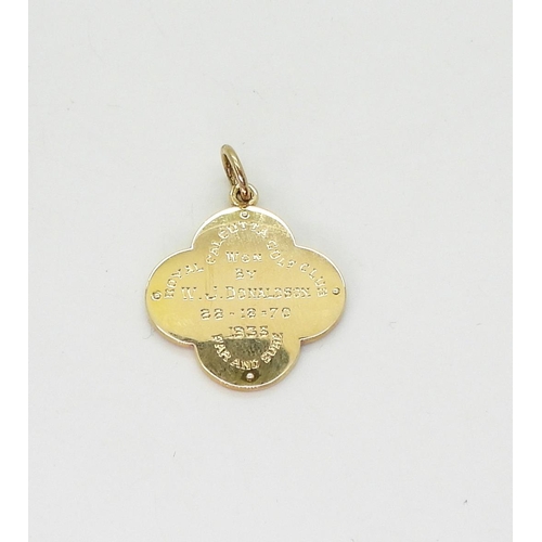 704 - A yellow metal golfing medal for The Royal Calcutta Golf Club circa 1935, weight 6gms