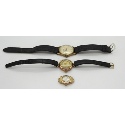 714 - Three 9ct gold cased watches to include a ladies Lanco watch head, a ladies vintage watch and a gent... 