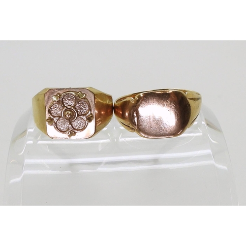 745 - A 9ct gold  signet ring, size R1/2, and an 'English Rose' signet ring, size N, weight together ... 