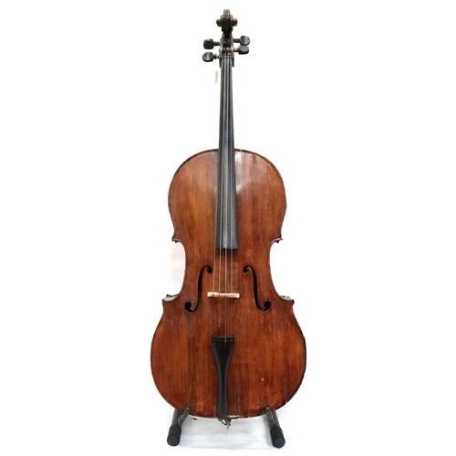 280 - A two piece back cello 75cm together with a bow 75 grams with a soft carry bag