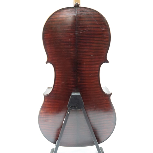 280 - A two piece back cello 75cm together with a bow 75 grams with a soft carry bag