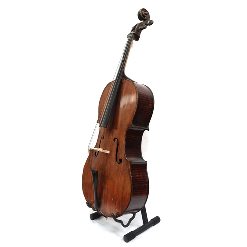 280 - A two piece back cello 75cm together with a bow 75 grams with a soft carry bag