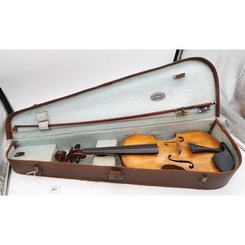 281 - A Scottish two piece back violin 35.5cm bearing label to the interior Charles Hudson 44 Cleland Stre... 