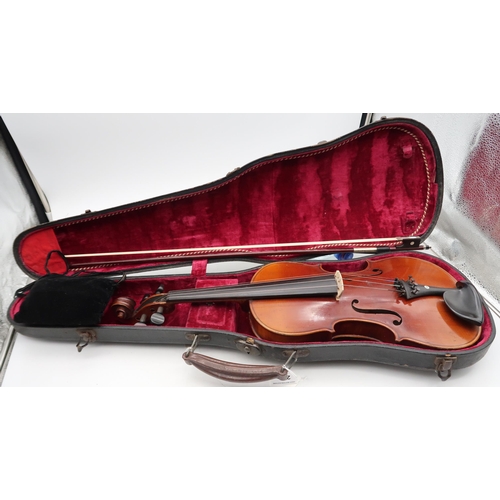 286 - A two piece back violin 35.5cm together with a bow 64 grams with violin case