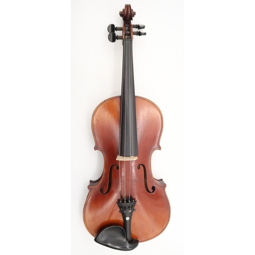 286 - A two piece back violin 35.5cm together with a bow 64 grams with violin case