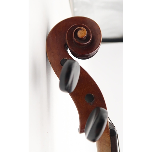 286 - A two piece back violin 35.5cm together with a bow 64 grams with violin case