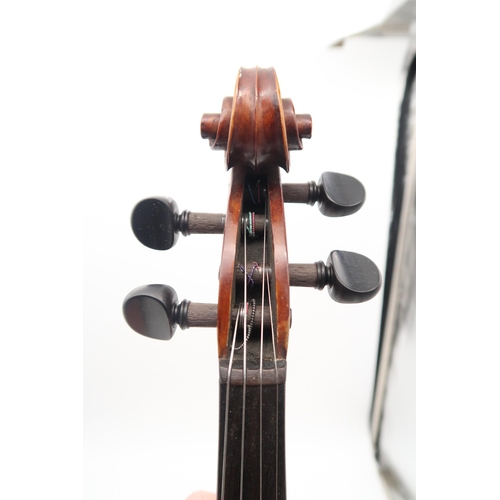 286 - A two piece back violin 35.5cm together with a bow 64 grams with violin case