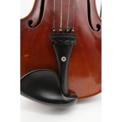 286 - A two piece back violin 35.5cm together with a bow 64 grams with violin case