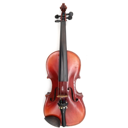 289 - A student violin, two piece back 33.5cm with bow 50 grams and case