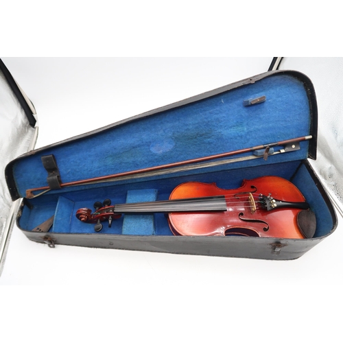 289 - A student violin, two piece back 33.5cm with bow 50 grams and case