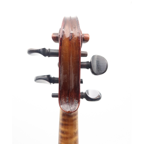 290 - A two piece back violin 35.5cm together with a bow 54 grams and a violin case.