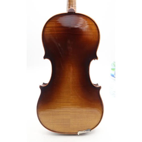 290 - A two piece back violin 35.5cm together with a bow 54 grams and a violin case.