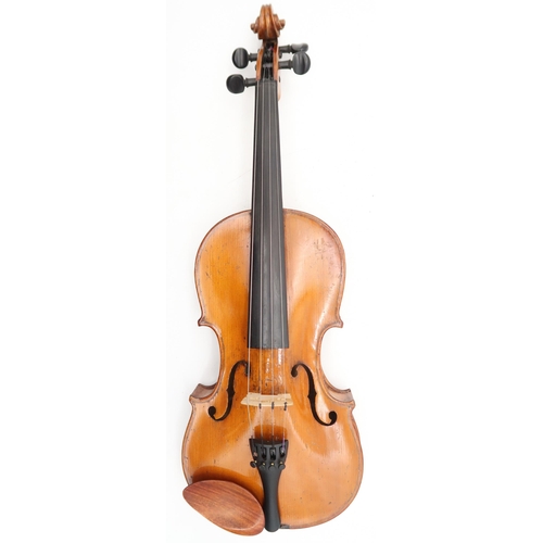A two piece back violin 32.7cm together with a bow 60grams and a violin case.
