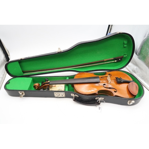 291 - A two piece back violin 32.7cm together with a bow 60grams and a violin case.