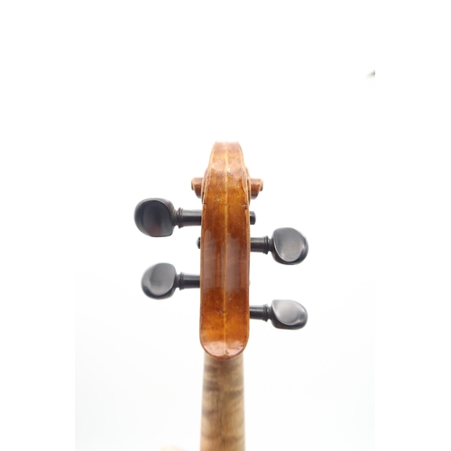 291 - A two piece back violin 32.7cm together with a bow 60grams and a violin case.