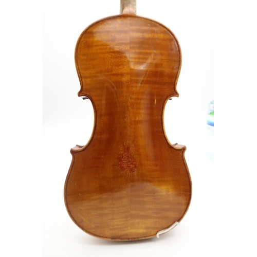 291 - A two piece back violin 32.7cm together with a bow 60grams and a violin case.