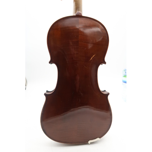 292 - A two piece back violin 35.5cm together with a bow 70 grams and a violin case