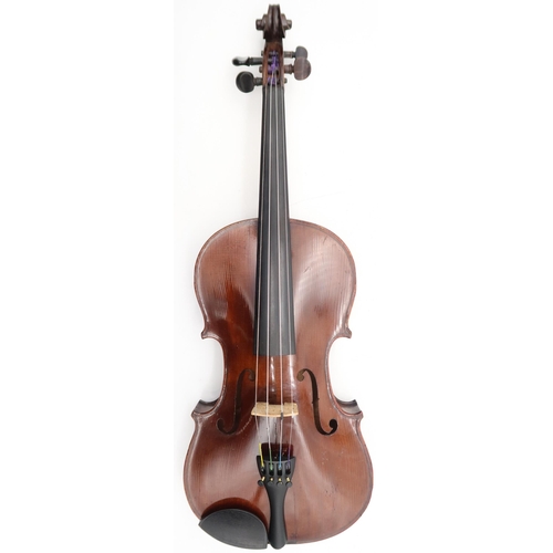 292 - A two piece back violin 35.5cm together with a bow 70 grams and a violin case