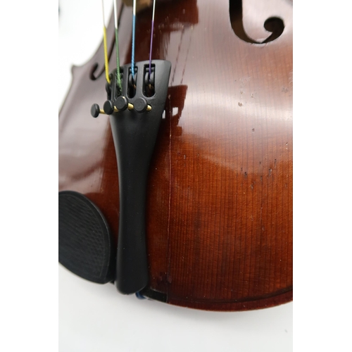 292 - A two piece back violin 35.5cm together with a bow 70 grams and a violin case