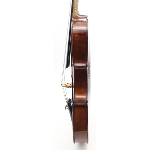 292 - A two piece back violin 35.5cm together with a bow 70 grams and a violin case