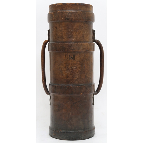 2052 - A 19TH CENTURY LEATHER ARTILLERY CORDITE (SHELL CARRIER) cylindrical body with raised bands and... 