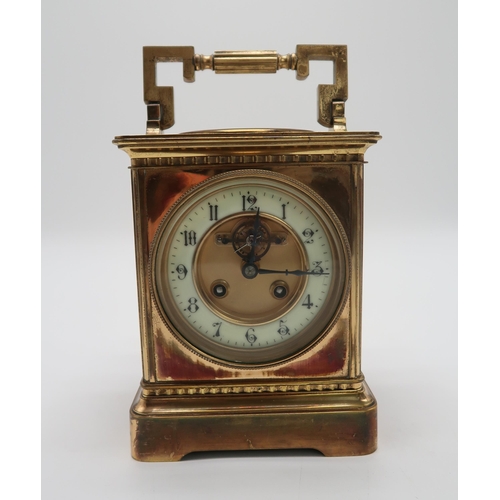 2157 - A LARGE BRASS FRENCH CARRIAGE CLOCKthe dial centre inset with the visible lever escapement and ename... 