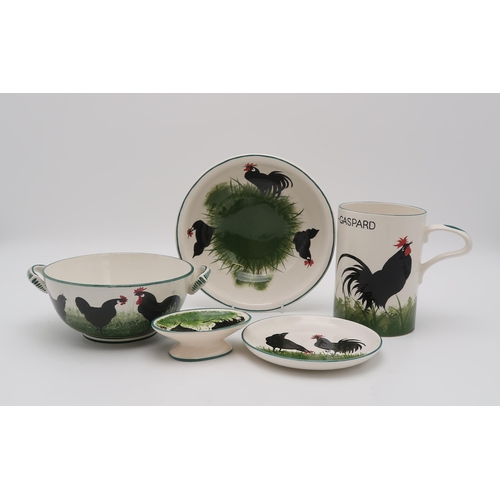 2167 - A WEMYSS TWO HANDLED POTTERY BOWLdecorated with a black cockerel and hens, printed Thomas Goode &... 