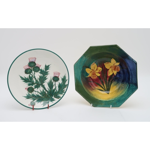 2173 - A WEMYSS DAFFODIL PAINTED OCTAGONAL BOWLon jazzy ground, 24cm diameter, a unmarked thistle painted p... 