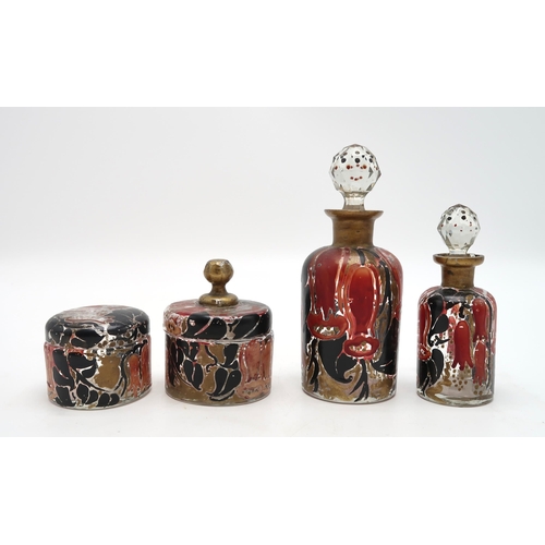 2229 - A SET OF FOUR ART DECO FRENCH GLASS TOILET JARS AND BOTTLESpainted in red and black enamel with gilt... 