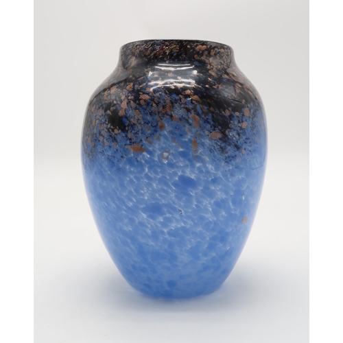 2237 - A MONART GLASS VASE of shouldered form in mottled blue and clear glass with black and rose gold aven... 