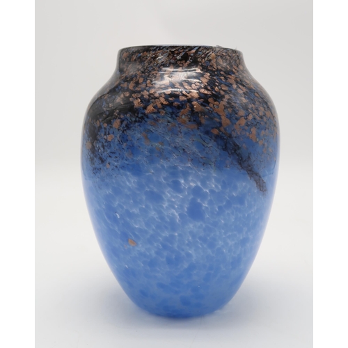 2237 - A MONART GLASS VASE of shouldered form in mottled blue and clear glass with black and rose gold aven... 