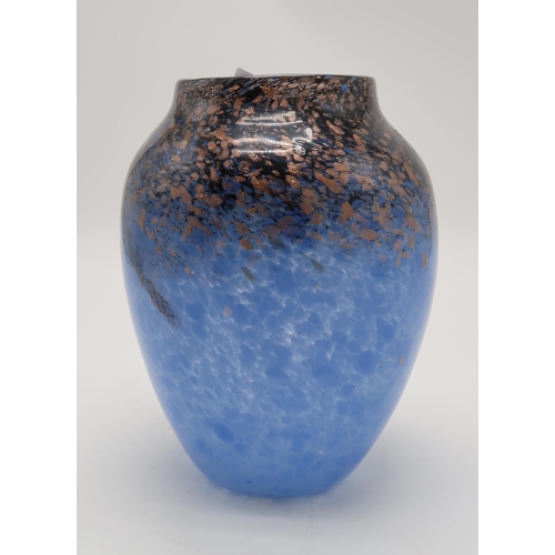 2237 - A MONART GLASS VASE of shouldered form in mottled blue and clear glass with black and rose gold aven... 