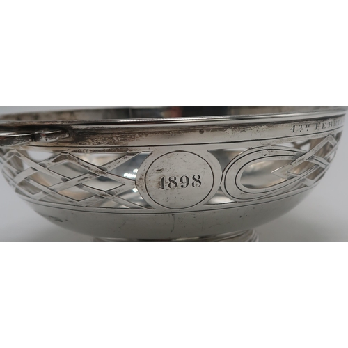 2411 - A GEORGE V SILVER QUAICH-FORM BOWLby Alexander Scott, Sheffield 1921, with lattice-type openwork to ... 