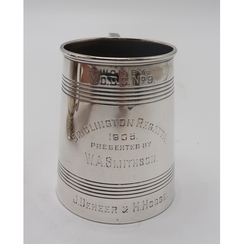 2413 - THREE EDWARDIAN SILVER TANKARDS AWARDED TO WINNERS OF THE BRIDLINGTON REGATTAone of baluster form, b... 