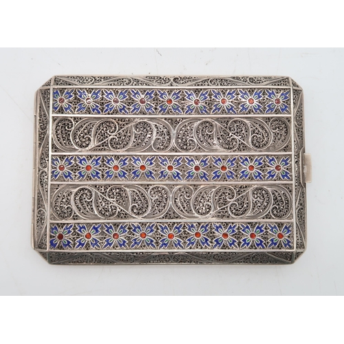 2442 - A PORTUGESE SILVER FILIGREE ENAMEL CIGARETTE CASEGondomar, of canted rectangular form, with enamel l... 