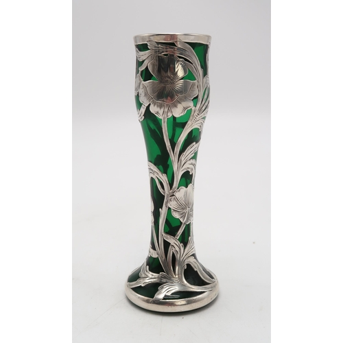 2447 - AN AMERICAN ART NOUVEAU SILVER OVERLAY GREEN GLASS VASEby Alvin Mfg.Co., retailed by Edward & So... 