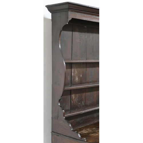 2005 - A LATE 18TH/EARLY 19TH CENTURY OAK KITCHEN DRESSER with moulded cornice over three open plate shelve... 