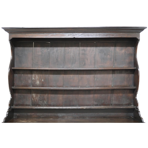 2005 - A LATE 18TH/EARLY 19TH CENTURY OAK KITCHEN DRESSER with moulded cornice over three open plate shelve... 