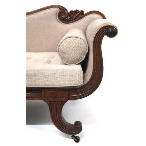 2019 - A 19TH CENTURY MAHOGANY FRAMED SCROLL ARMED SETTEE with shaped carved backrest over beige buttoned u... 