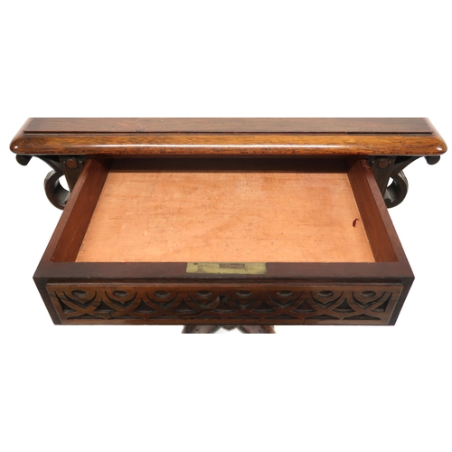 2021 - A VICTORIAN ROSEWOOD SEWING WORK TABLE with square top over carved single drawer over pull out hampe... 