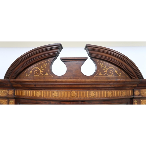 2023 - A LATE VICTORIAN WALNUT AND SATINWOOD INLAID DISPLAY CABINET with shaped cornice over bow front glaz... 