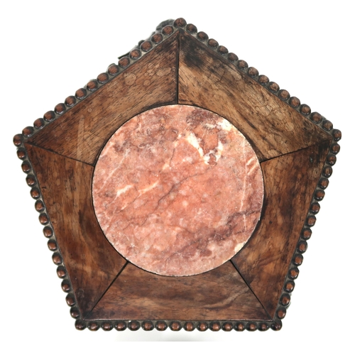 2027 - A LATE 19TH CENTURY CHINESE HARDWOOD JARDINIERE carved pentagonal top with circular marble inset ove... 