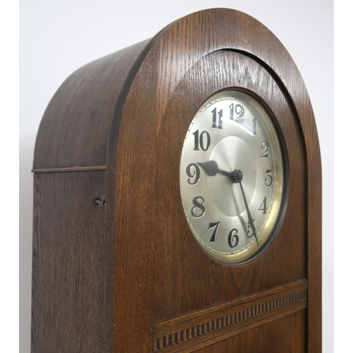 2031 - AN EARLY 20TH CENTURY OAK CASED DOME TOPPED LONGCASE CLOCK with silvered dial bearing Arabic numeral... 