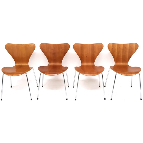 2104 - A SET OF FOUR 20TH CENTURY ARNE JACOBSEN FOR FRITZ HANSEN 3107 STACKING CHAIRS with shaped laminated... 