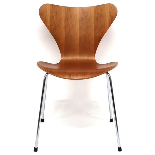 2104 - A SET OF FOUR 20TH CENTURY ARNE JACOBSEN FOR FRITZ HANSEN 3107 STACKING CHAIRS with shaped laminated... 